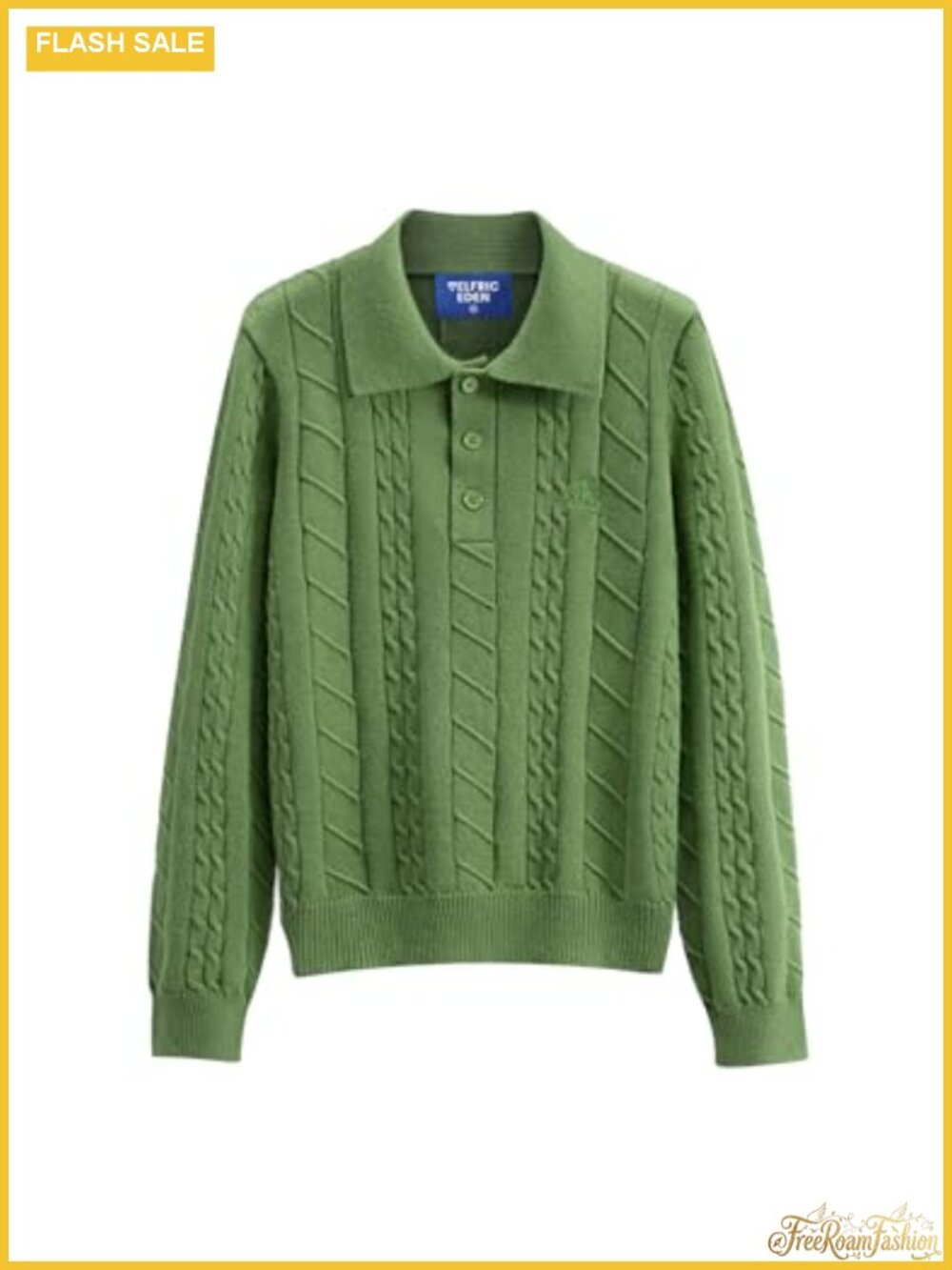 Cable Knit V Neck Long Sleeve Polo Sweater Button Down Pullover